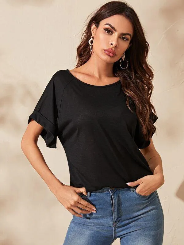 Raglan Sleeve Rolled Cuff Slub Tee