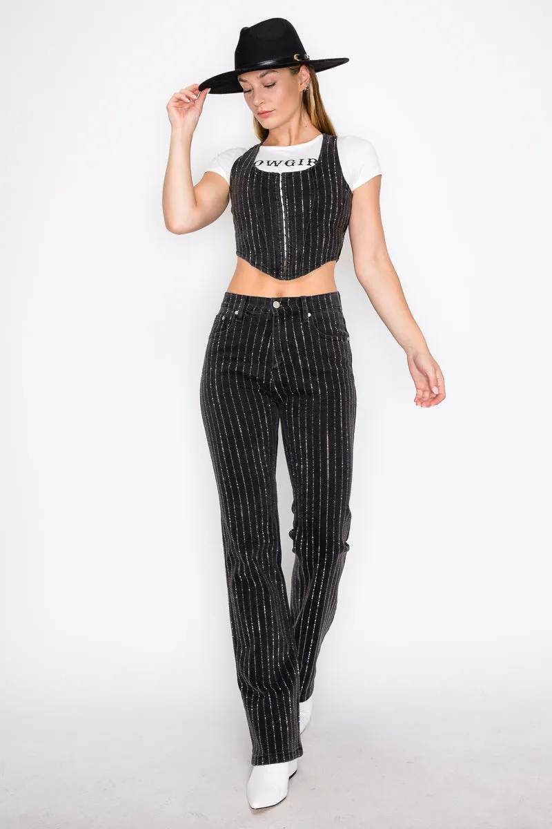 Rain Rhinestone Top and Bottom Denim Jeans Set (Black)