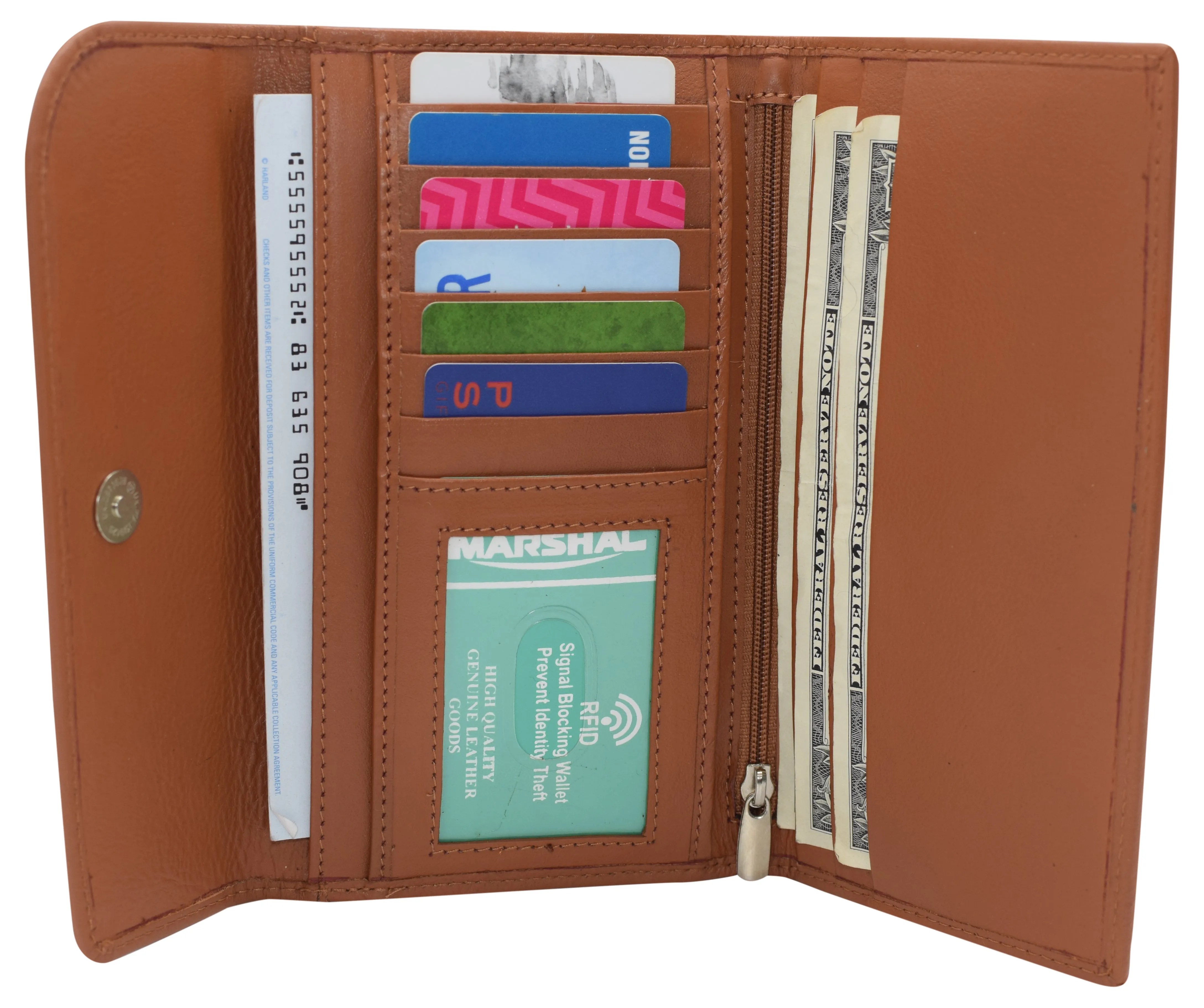 RFIDCN2575 Women's Genuine Leather RFID Trifold Checkbook Slim Wallet for Ladies