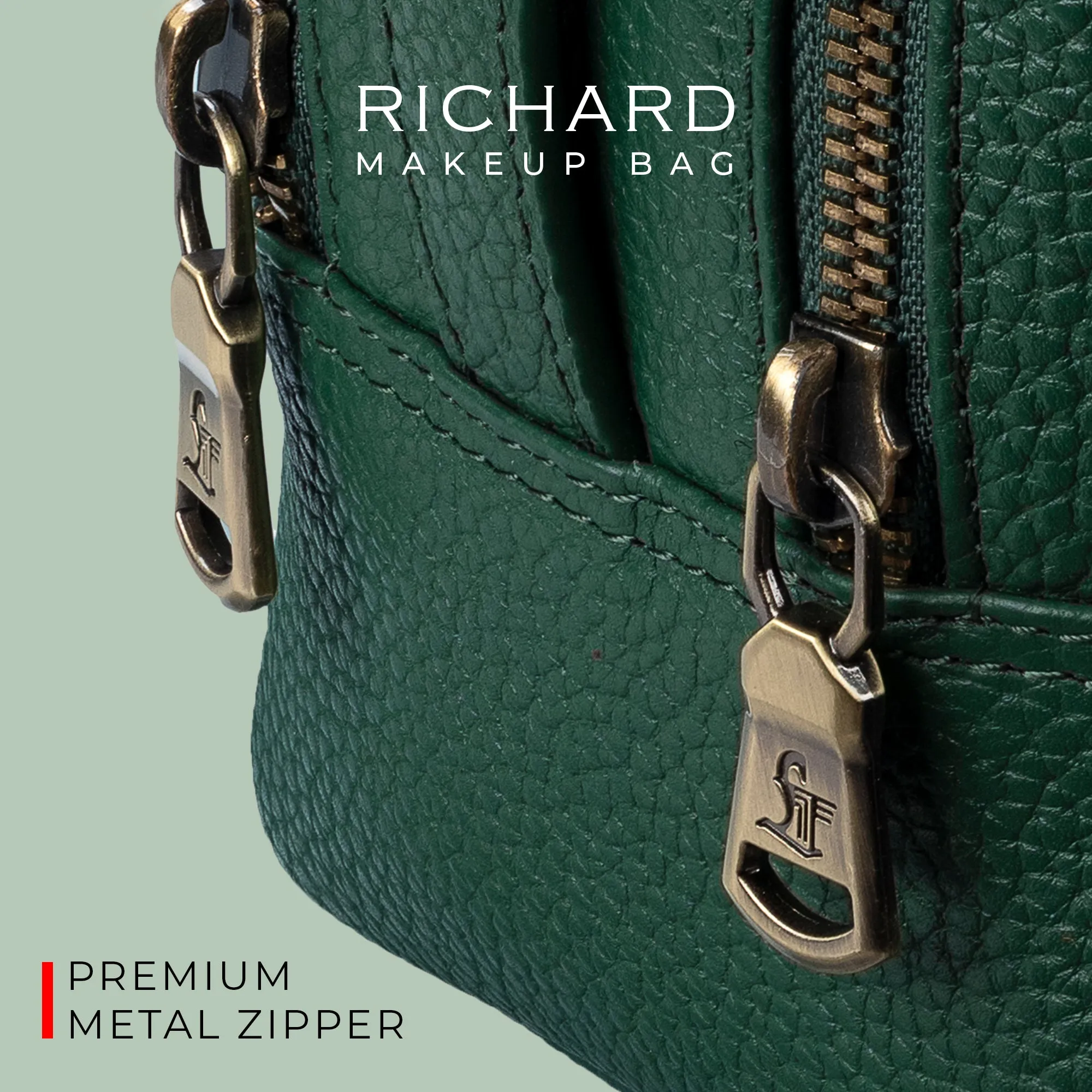 Richard's Genuine Leather Makeup Bag for Women | Makeup Organizer Bag | Cosmetic bag for Travel | Color: Green