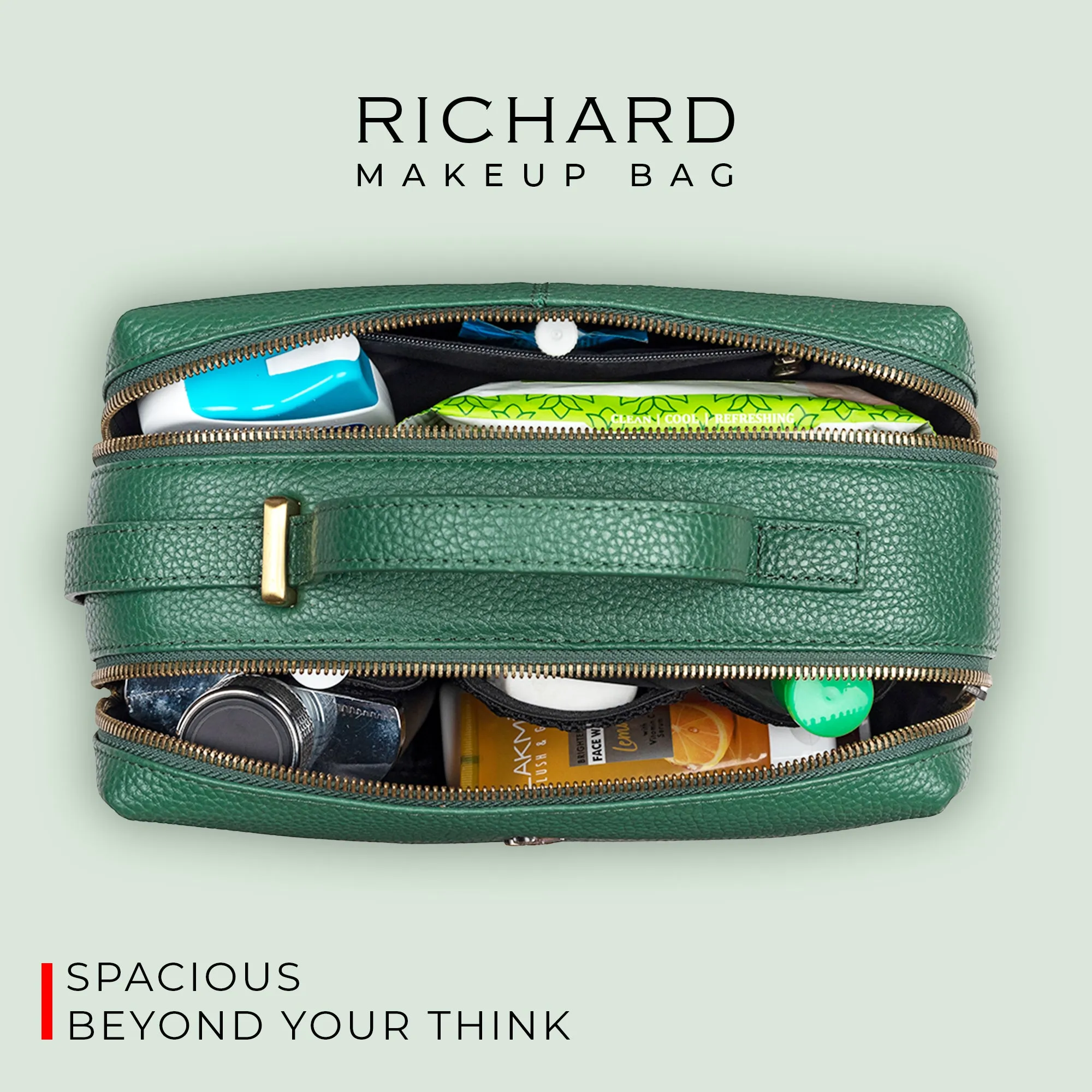 Richard's Genuine Leather Makeup Bag for Women | Makeup Organizer Bag | Cosmetic bag for Travel | Color: Green