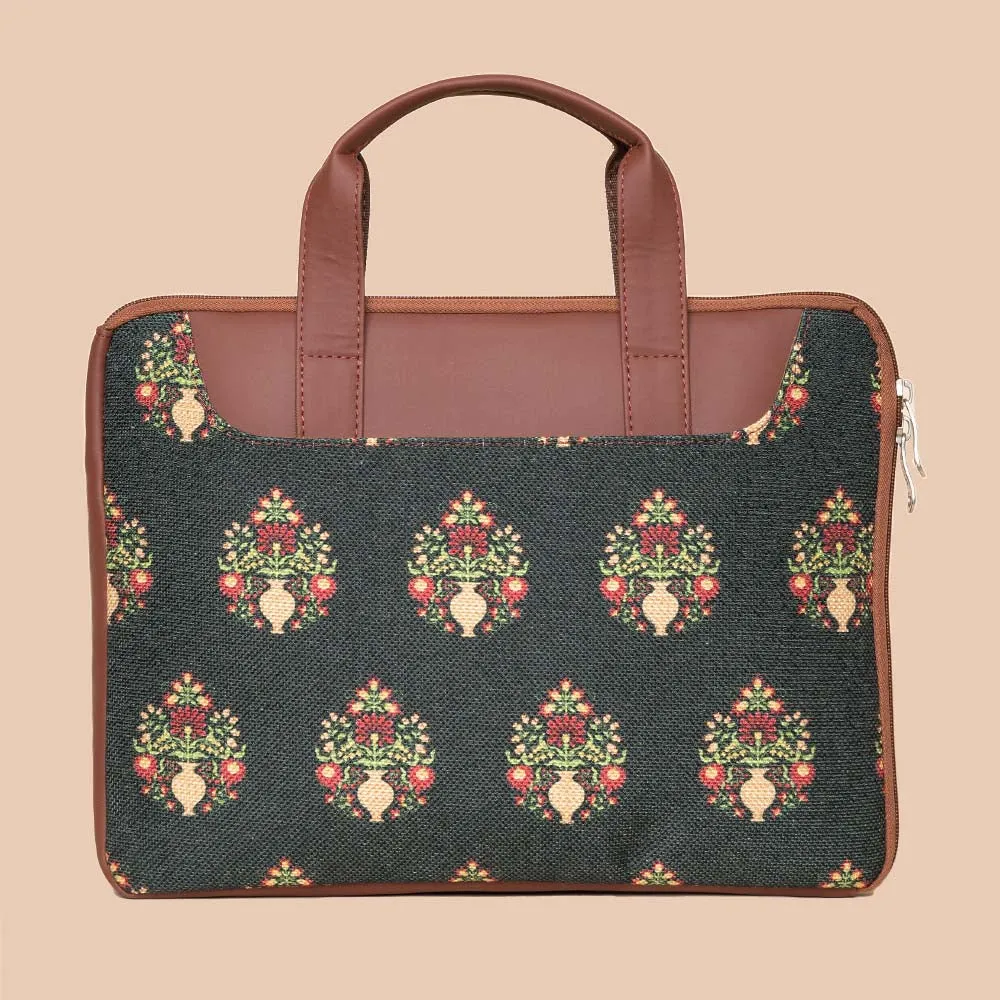 Royal Green Mogra Print L-Zippered Laptop Sleeve