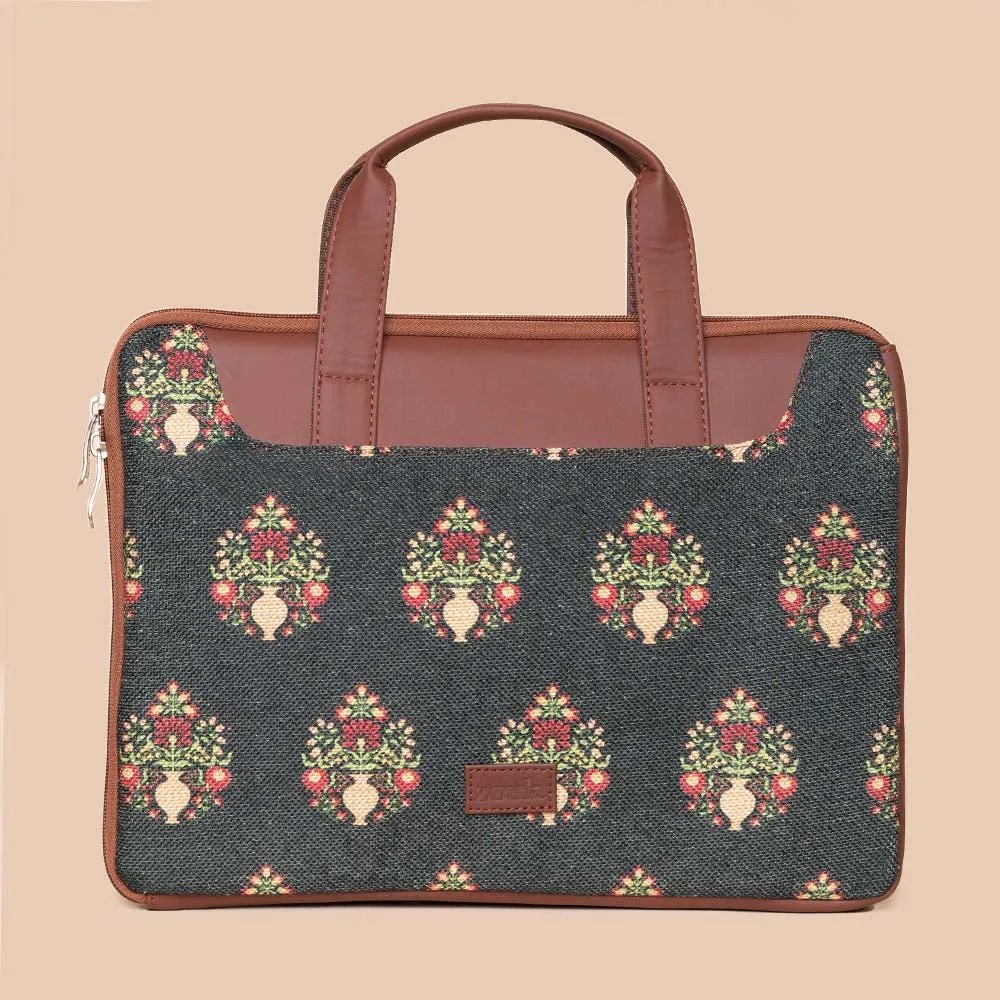 Royal Green Mogra Print L-Zippered Laptop Sleeve