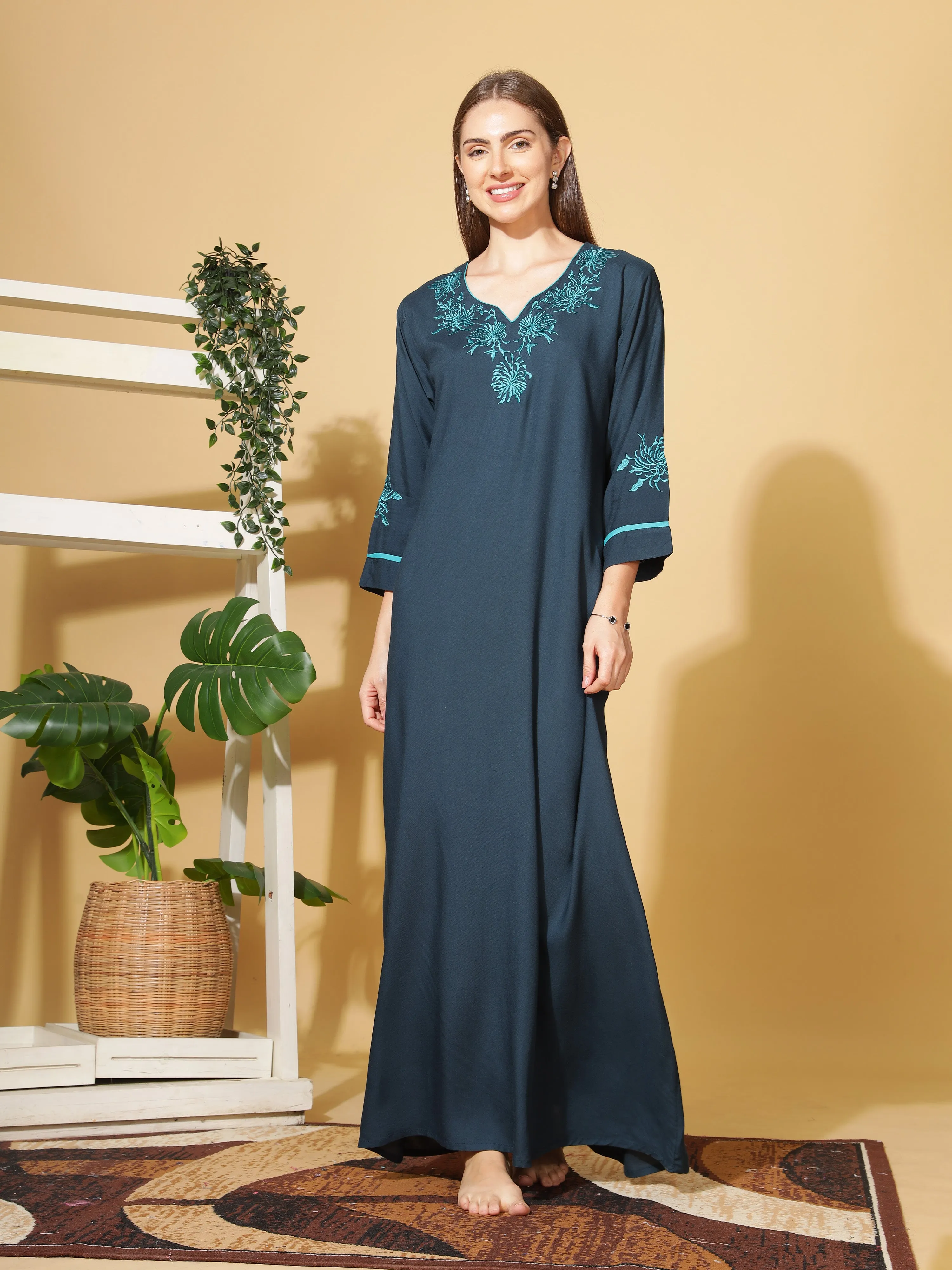 Sapphire Blue Embroidered Nightgown in Rayon Fabric