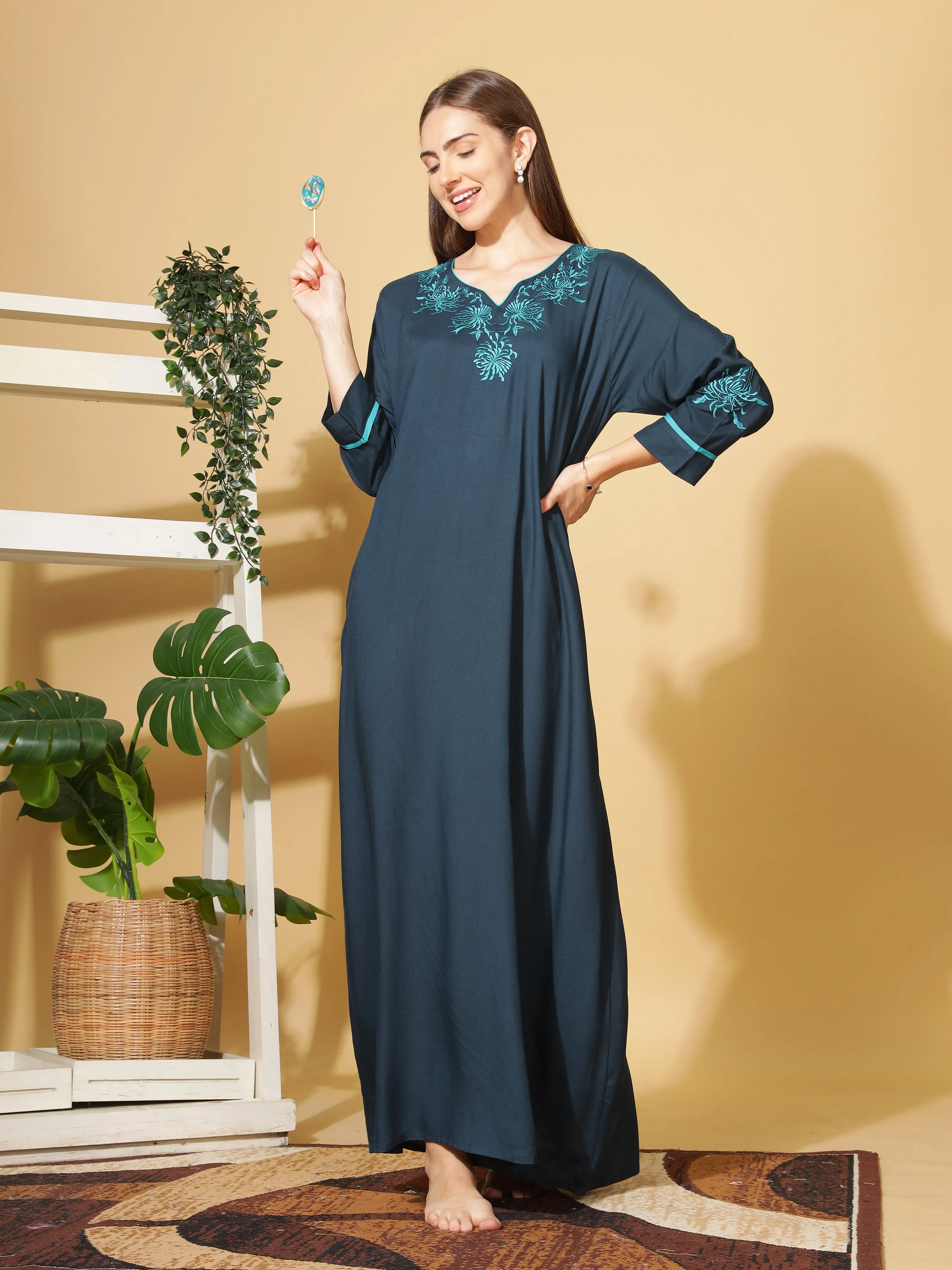 Sapphire Blue Embroidered Nightgown in Rayon Fabric