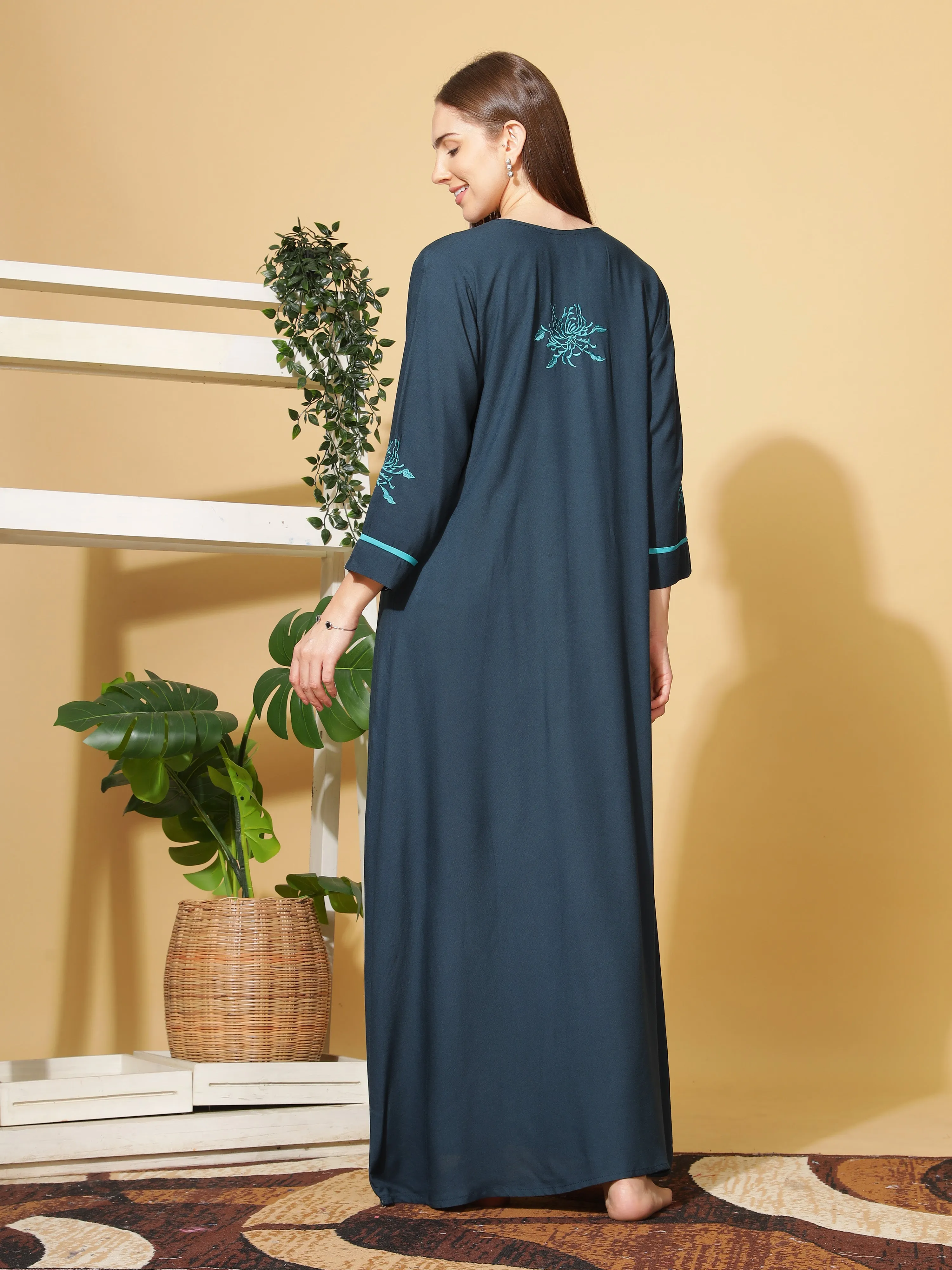 Sapphire Blue Embroidered Nightgown in Rayon Fabric