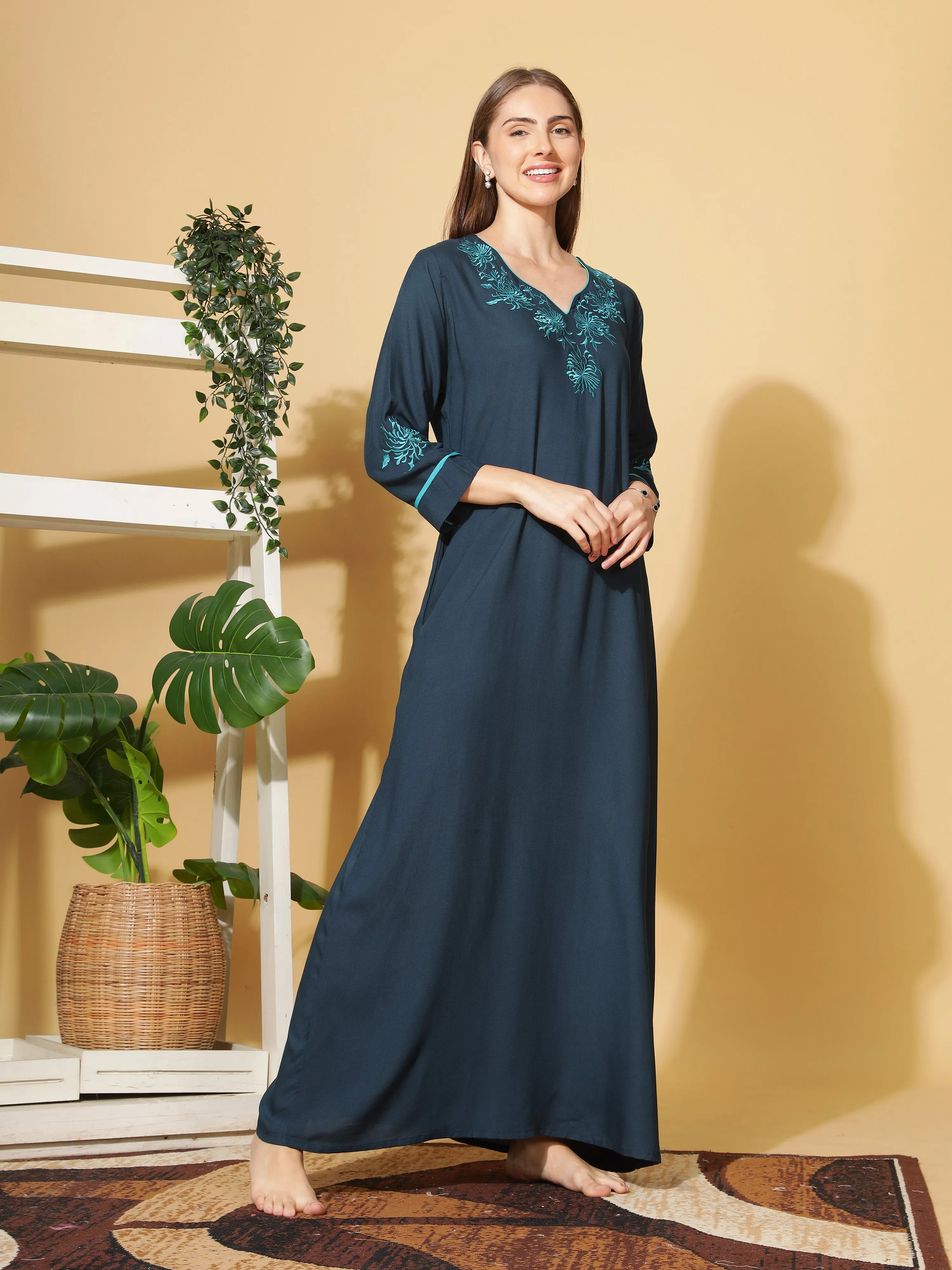 Sapphire Blue Embroidered Nightgown in Rayon Fabric