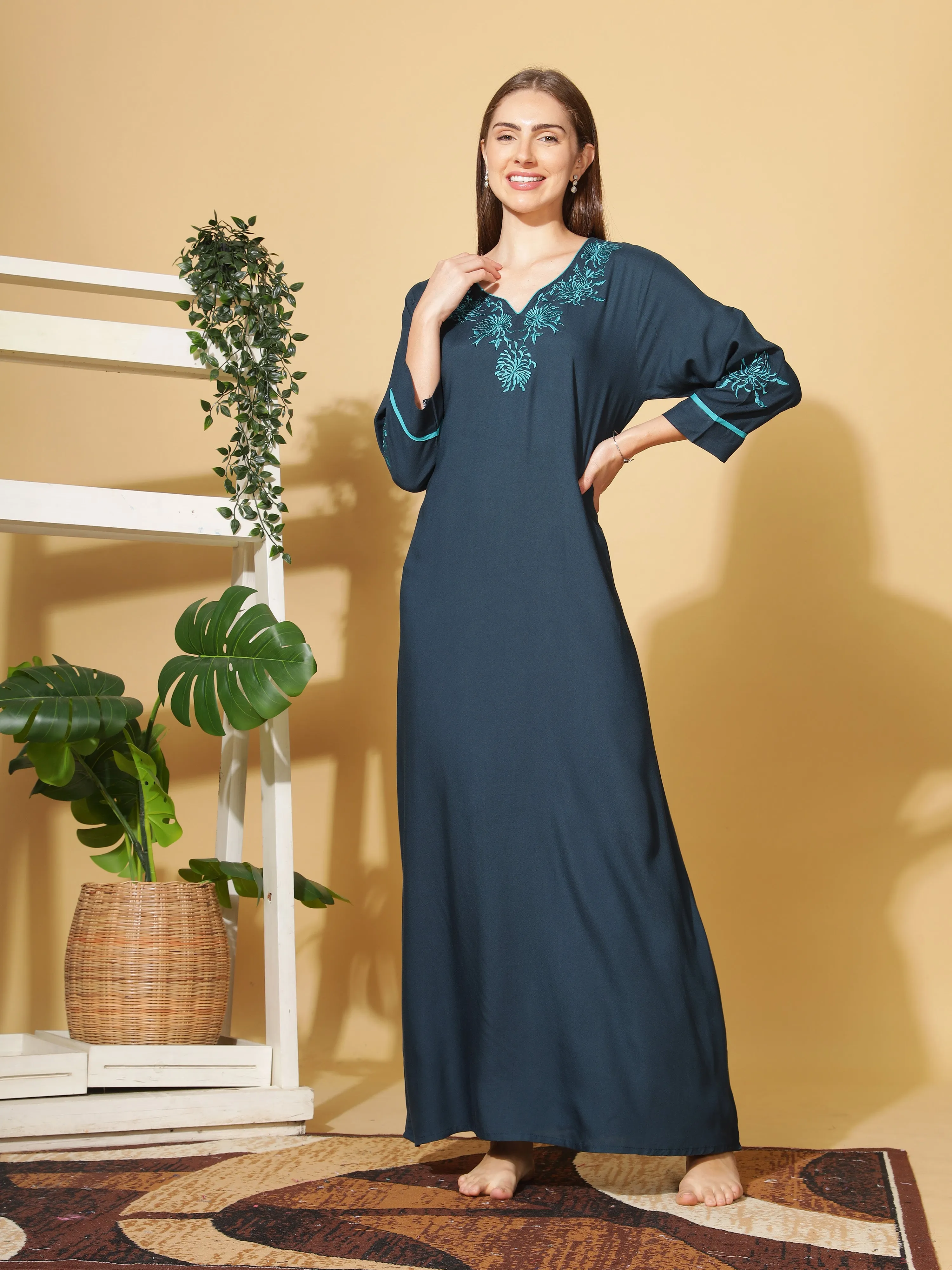 Sapphire Blue Embroidered Nightgown in Rayon Fabric