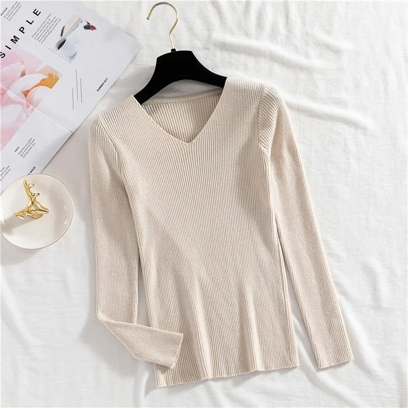 Sexy V Neck Women Pullover Sweater Fashion Autumn Winter Long Sleeve Knitted Jumper Top Casual Korean Slim Basic Blouse