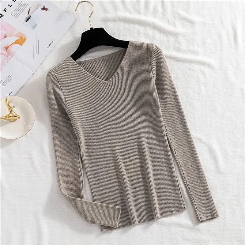 Sexy V Neck Women Pullover Sweater Fashion Autumn Winter Long Sleeve Knitted Jumper Top Casual Korean Slim Basic Blouse