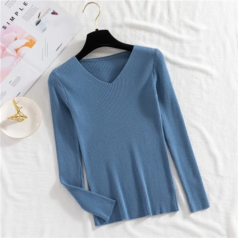 Sexy V Neck Women Pullover Sweater Fashion Autumn Winter Long Sleeve Knitted Jumper Top Casual Korean Slim Basic Blouse