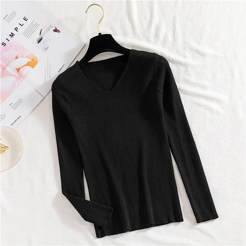 Sexy V Neck Women Pullover Sweater Fashion Autumn Winter Long Sleeve Knitted Jumper Top Casual Korean Slim Basic Blouse