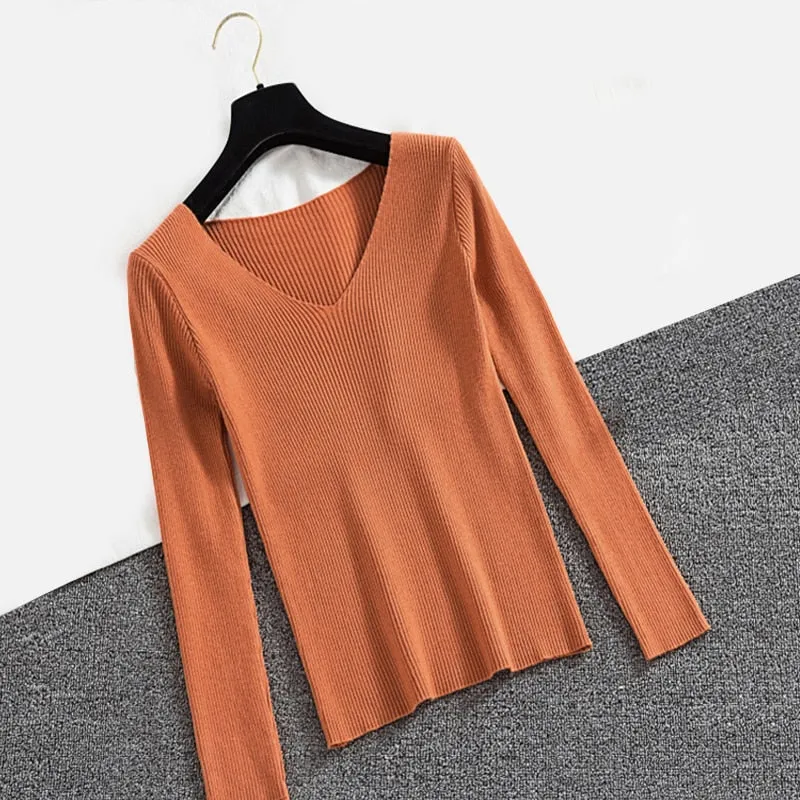 Sexy V Neck Women Pullover Sweater Fashion Autumn Winter Long Sleeve Knitted Jumper Top Casual Korean Slim Basic Blouse