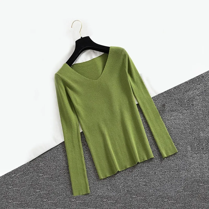 Sexy V Neck Women Pullover Sweater Fashion Autumn Winter Long Sleeve Knitted Jumper Top Casual Korean Slim Basic Blouse