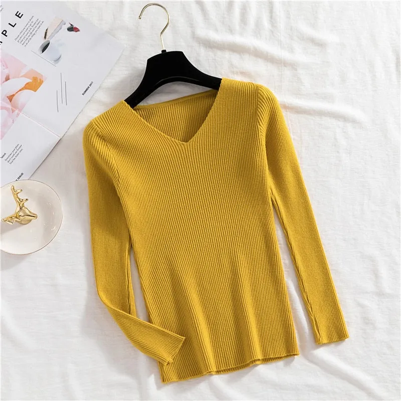 Sexy V Neck Women Pullover Sweater Fashion Autumn Winter Long Sleeve Knitted Jumper Top Casual Korean Slim Basic Blouse