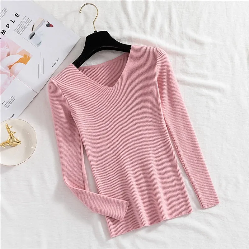 Sexy V Neck Women Pullover Sweater Fashion Autumn Winter Long Sleeve Knitted Jumper Top Casual Korean Slim Basic Blouse