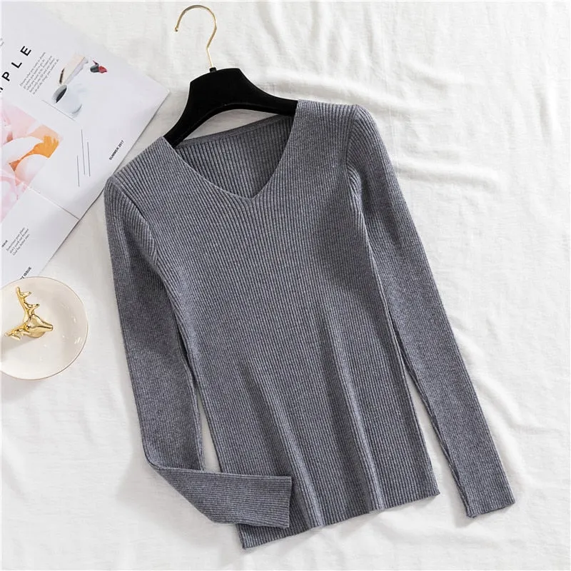 Sexy V Neck Women Pullover Sweater Fashion Autumn Winter Long Sleeve Knitted Jumper Top Casual Korean Slim Basic Blouse