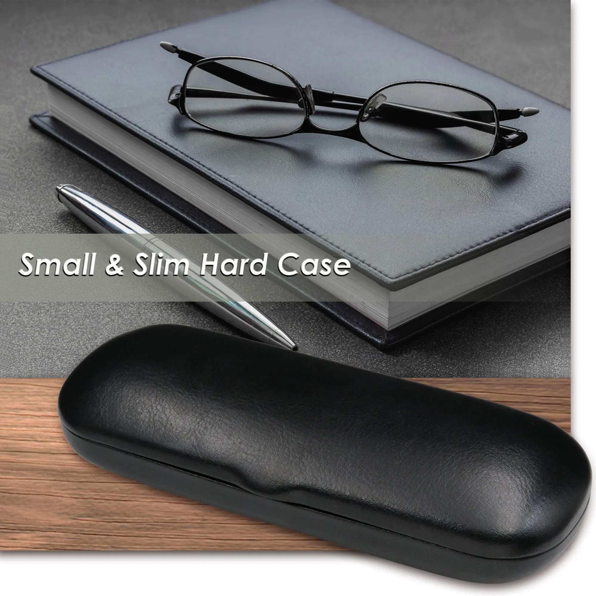 Small Hard Eyeglass Case, Reading Glasses Case w/ Drawstring Pouch & Cleaning Cloth ( S5 Black)