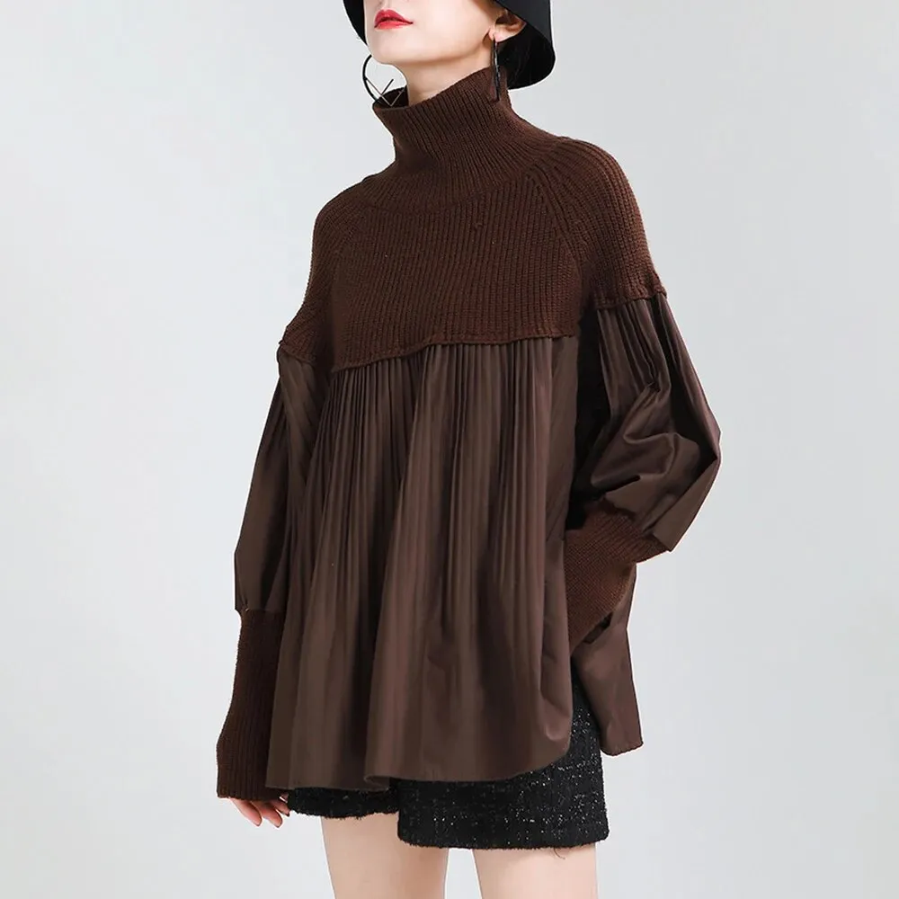 Solid Loose Knitting Sweaters For Women Turtleneck Puff Sleeve Patchwork Folds Temperament Sweater Female Fashion