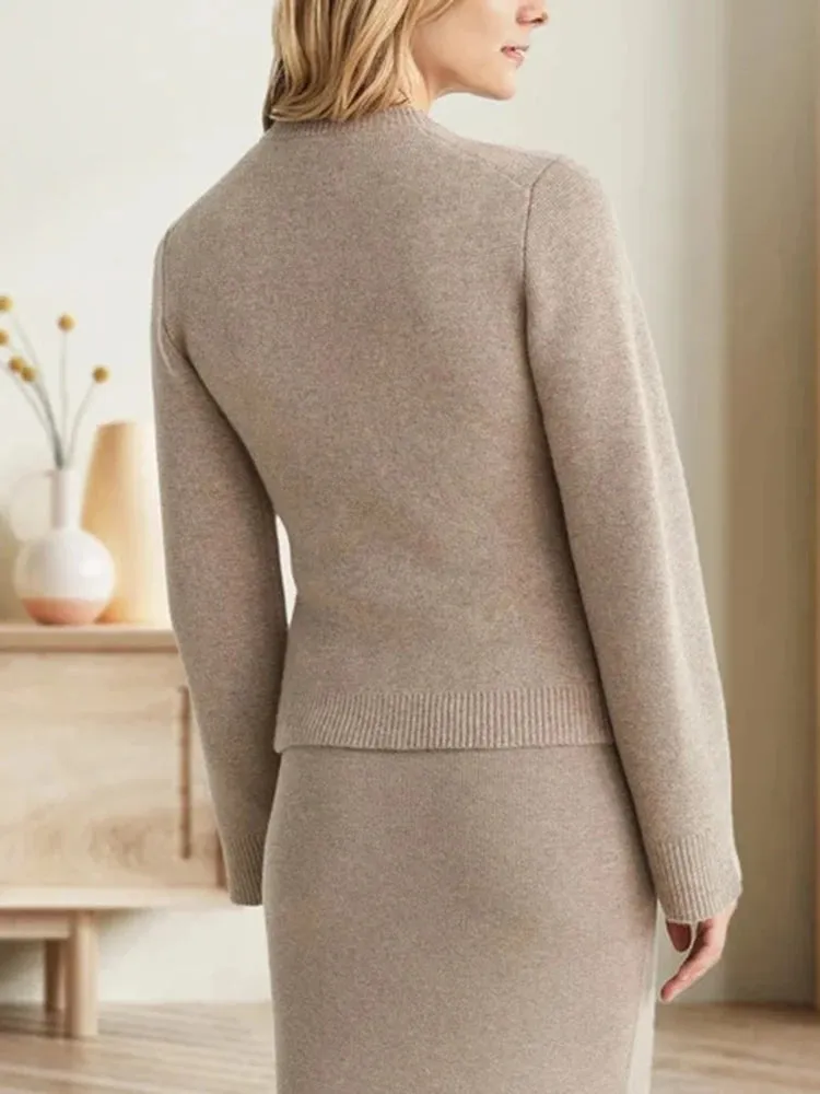 Solid Patchwork Single Breasted Casual Sweaters For Women Round Neck Long Sleeve Minimalist Slimming Knitting Sweater Female