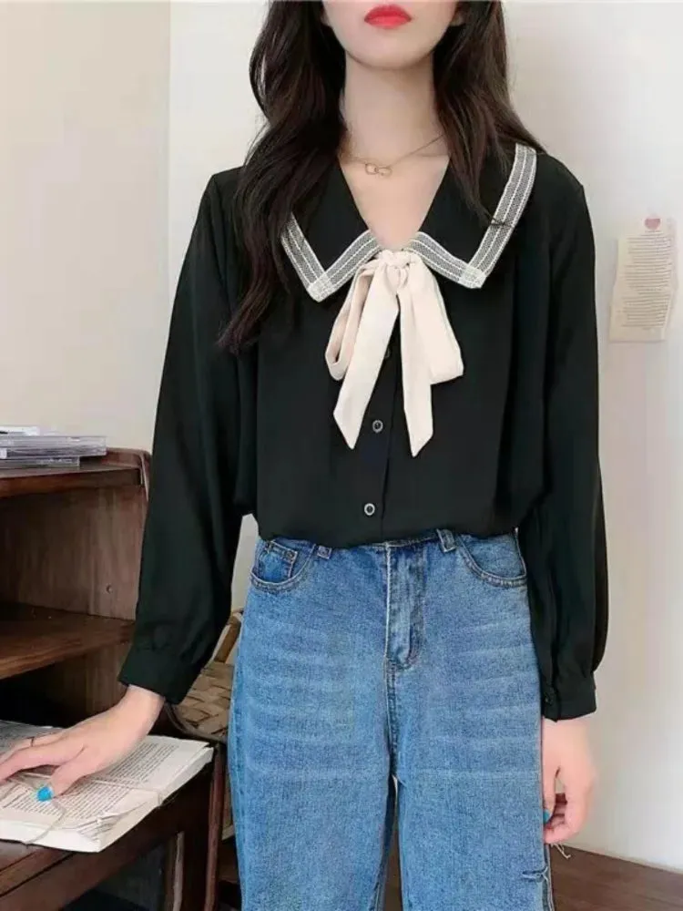 Spring School Student Kawaii Oversized Shirts Women Japanese Harajuku Chiffon Solid Soft Girls Sweet Loose Blouse Top