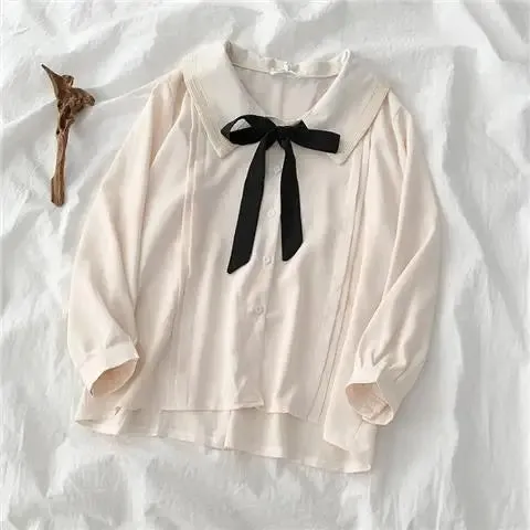 Spring School Student Kawaii Oversized Shirts Women Japanese Harajuku Chiffon Solid Soft Girls Sweet Loose Blouse Top