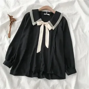 Spring School Student Kawaii Oversized Shirts Women Japanese Harajuku Chiffon Solid Soft Girls Sweet Loose Blouse Top