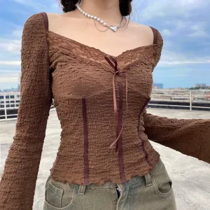 Square Neck Brown Frill Stitch Women T-shirt Slim Vintage Lace Trim Autumn Tee Corset Shirred Bow Fairycore Blouses