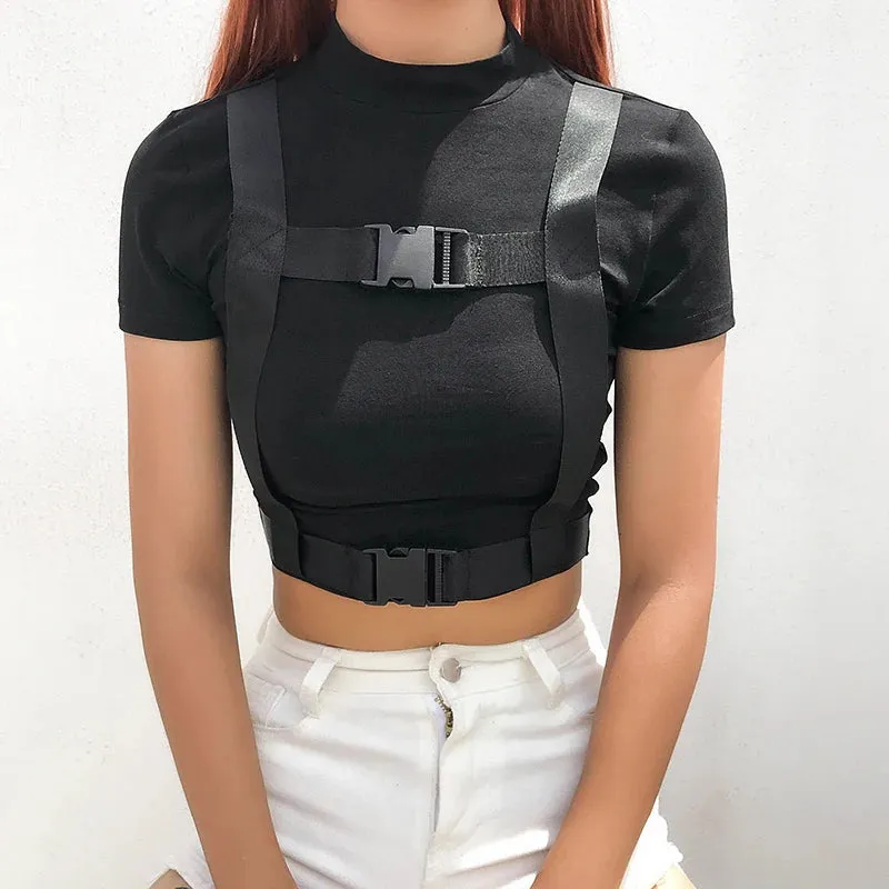 Streetwear Bodycon Cropped T Shirt Women Short Sleeve Buckle Patchwork Crop Top Fashion Summer Tshirt Slim Tee Shirts