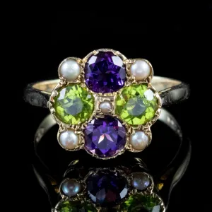 Suffragette Amethyst Peridot Ring 9Ct Gold Dated 1970