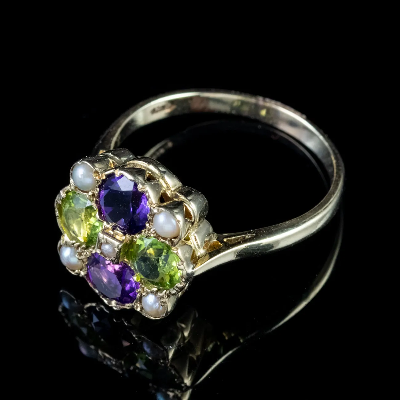 Suffragette Amethyst Peridot Ring 9Ct Gold Dated 1970