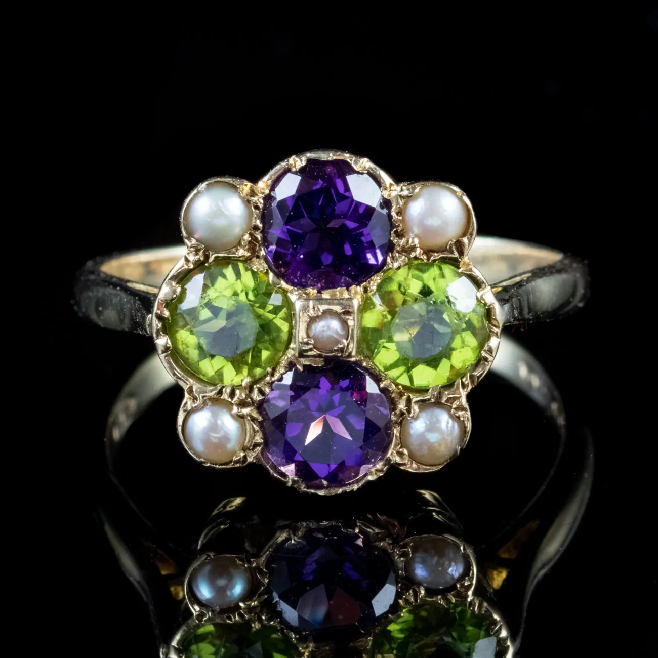 Suffragette Amethyst Peridot Ring 9Ct Gold Dated 1970