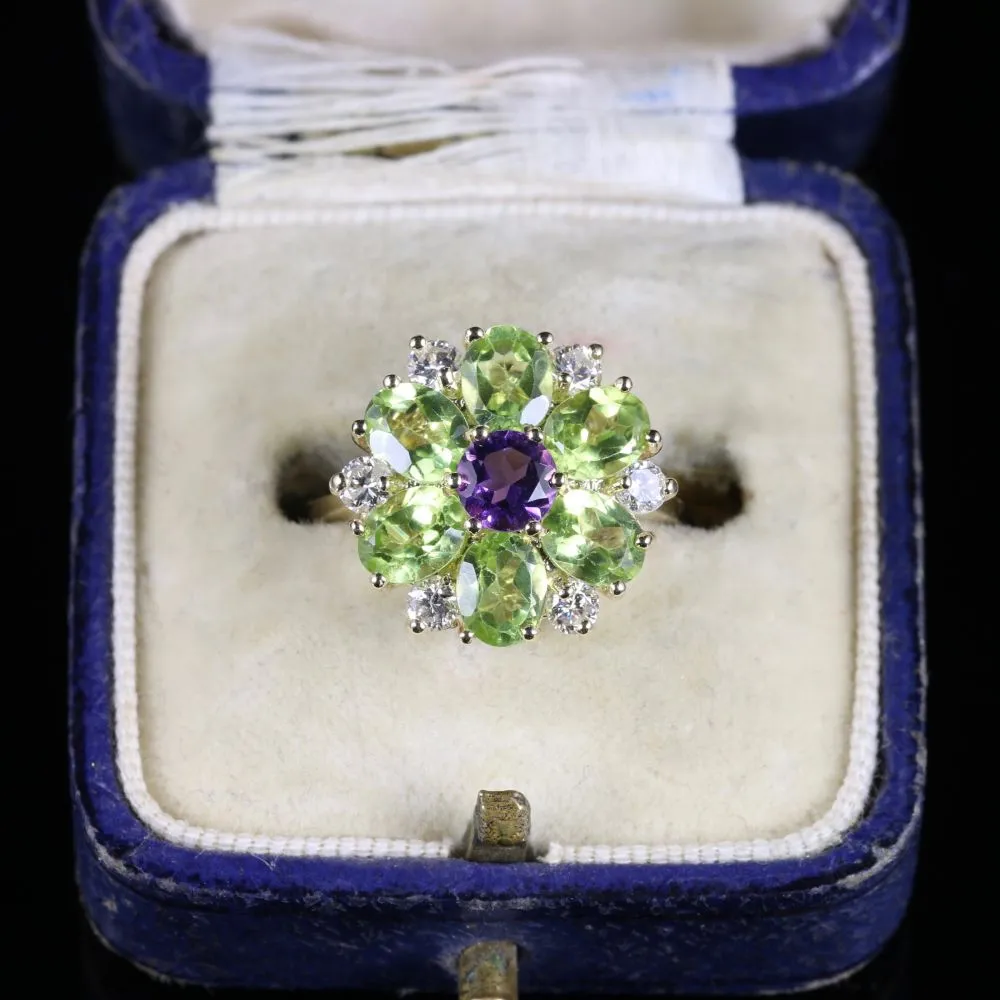 Suffragette Cluster Gold Ring Amethyst Peridot Diamond