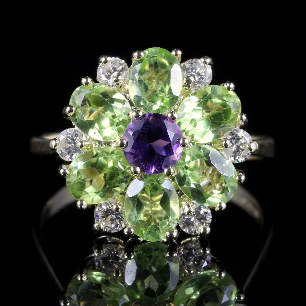 Suffragette Cluster Gold Ring Amethyst Peridot Diamond