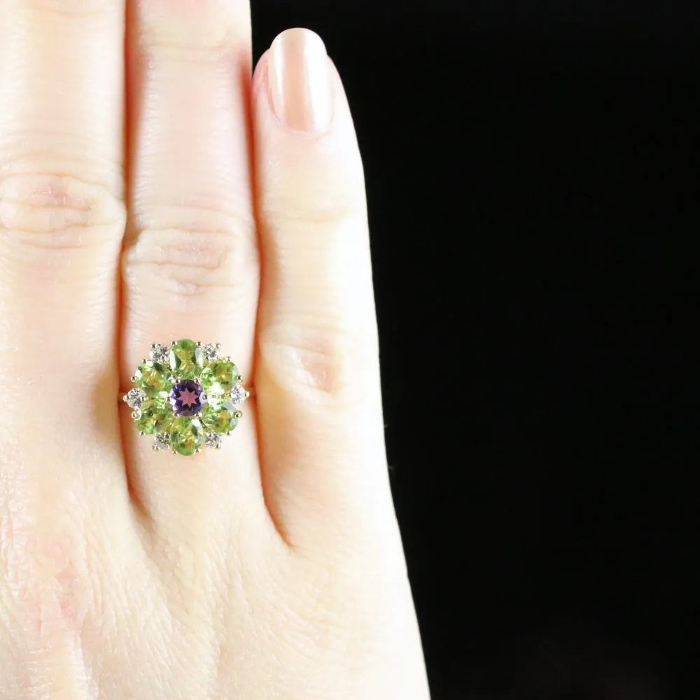 Suffragette Cluster Gold Ring Amethyst Peridot Diamond