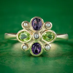 Suffragette Edwardian Style Cluster Ring Amethyst Peridot Pearl