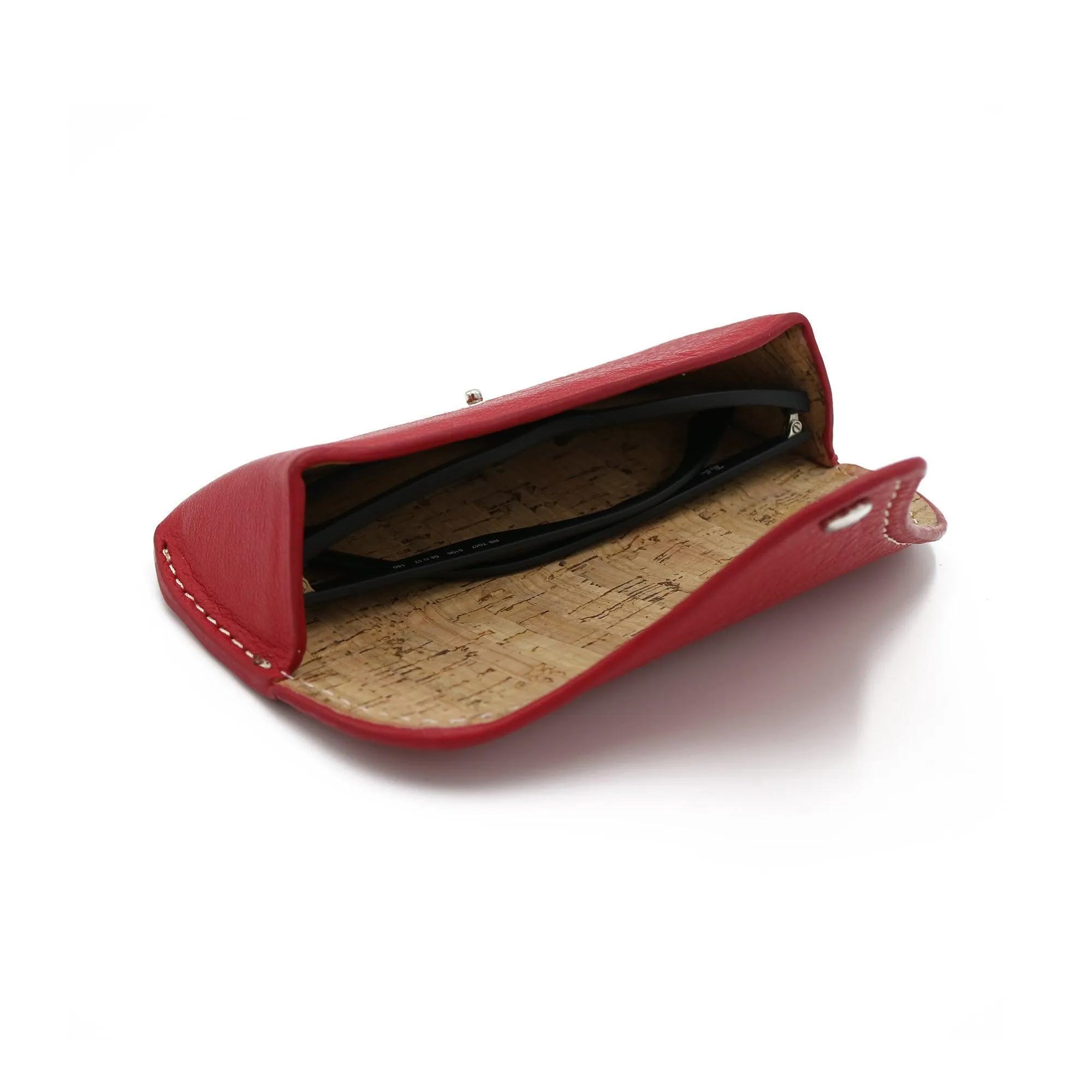 Sunglass Case - Italian Pebble Grain Leather, White Stitching Lined with Cork, Silver Snap