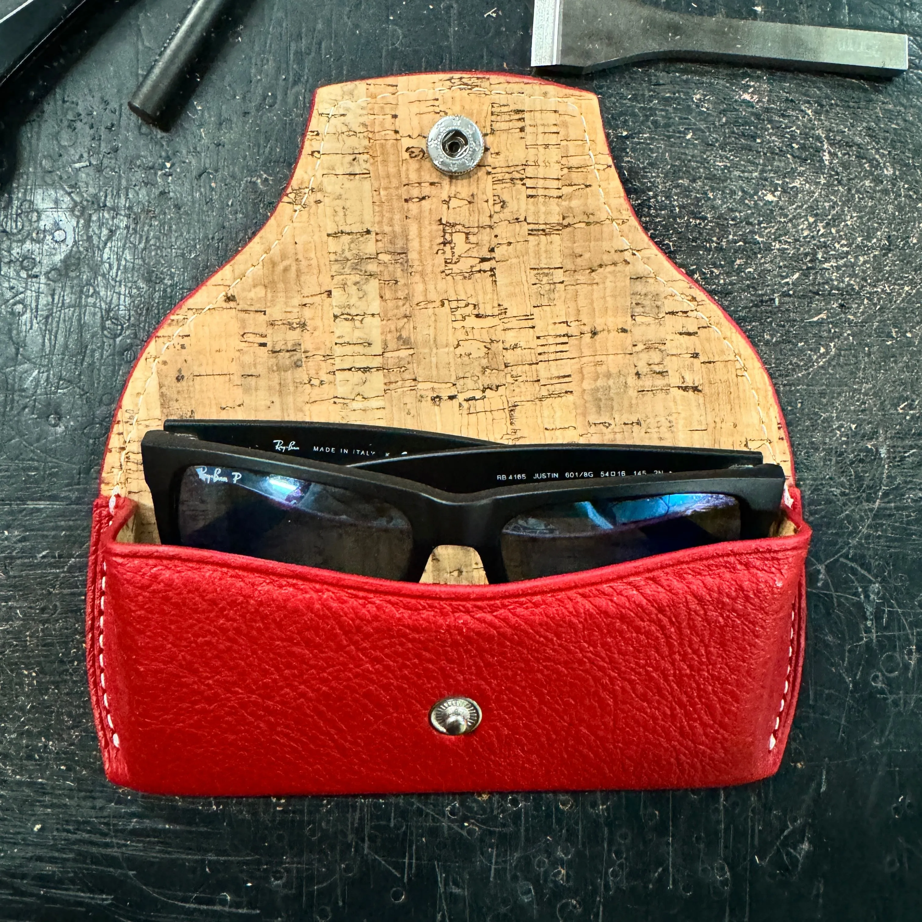 Sunglass Case - Italian Pebble Grain Leather, White Stitching Lined with Cork, Silver Snap