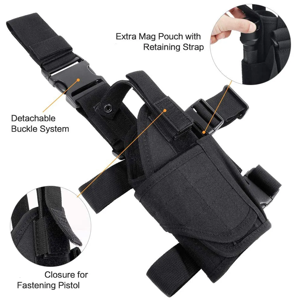 Tactical Drop Leg Holster Adjustable Gun Holster Thigh Pistol Holster with Magazine Pouches for Left/Right Handed Magazine Pouch