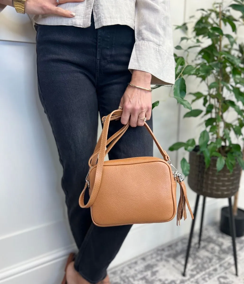 Tan Leather Tassel Camera Bag