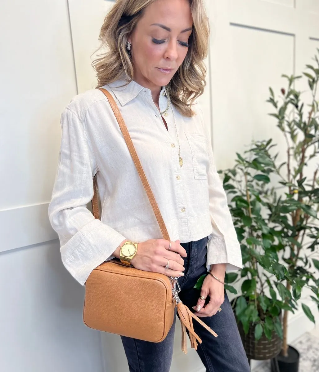 Tan Leather Tassel Camera Bag