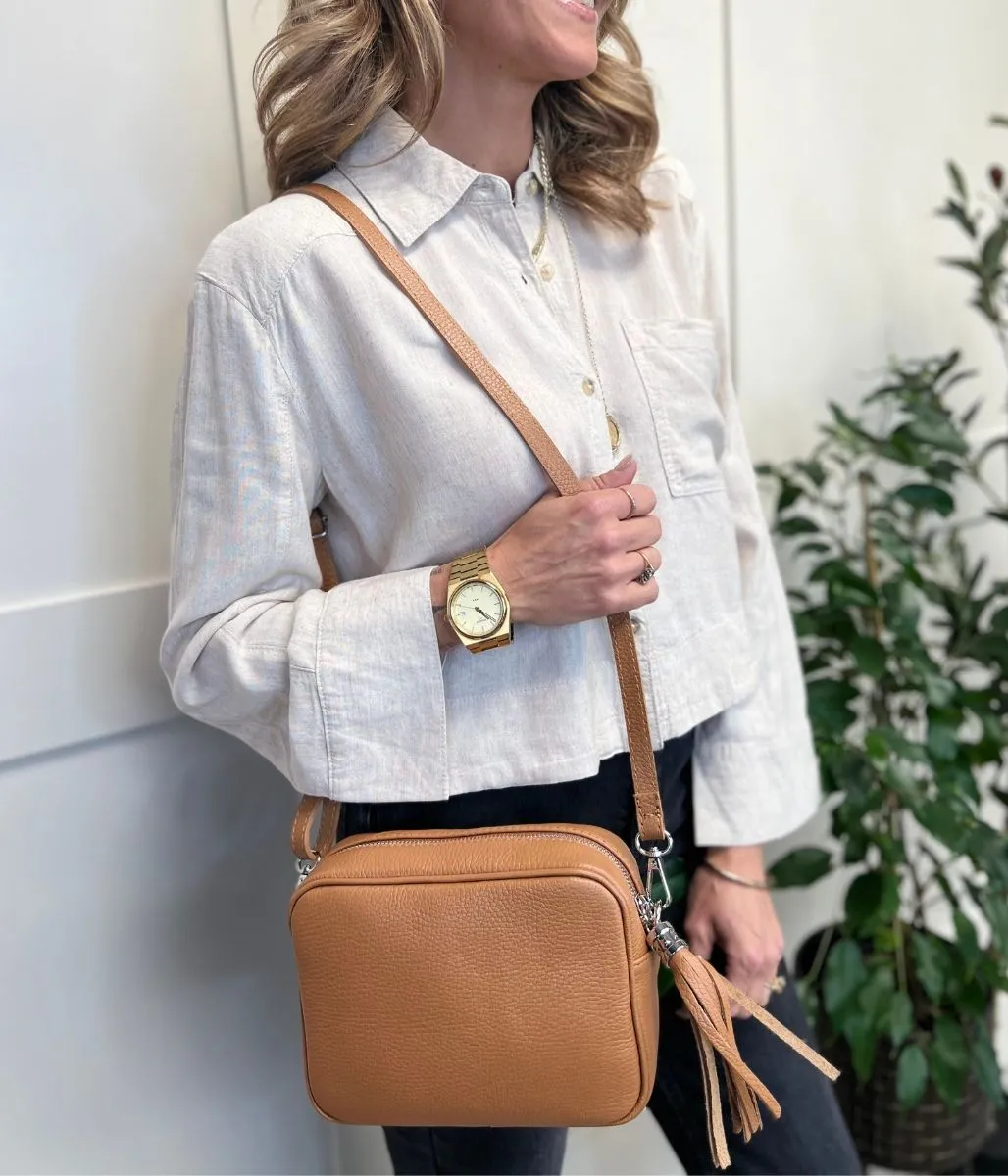 Tan Leather Tassel Camera Bag