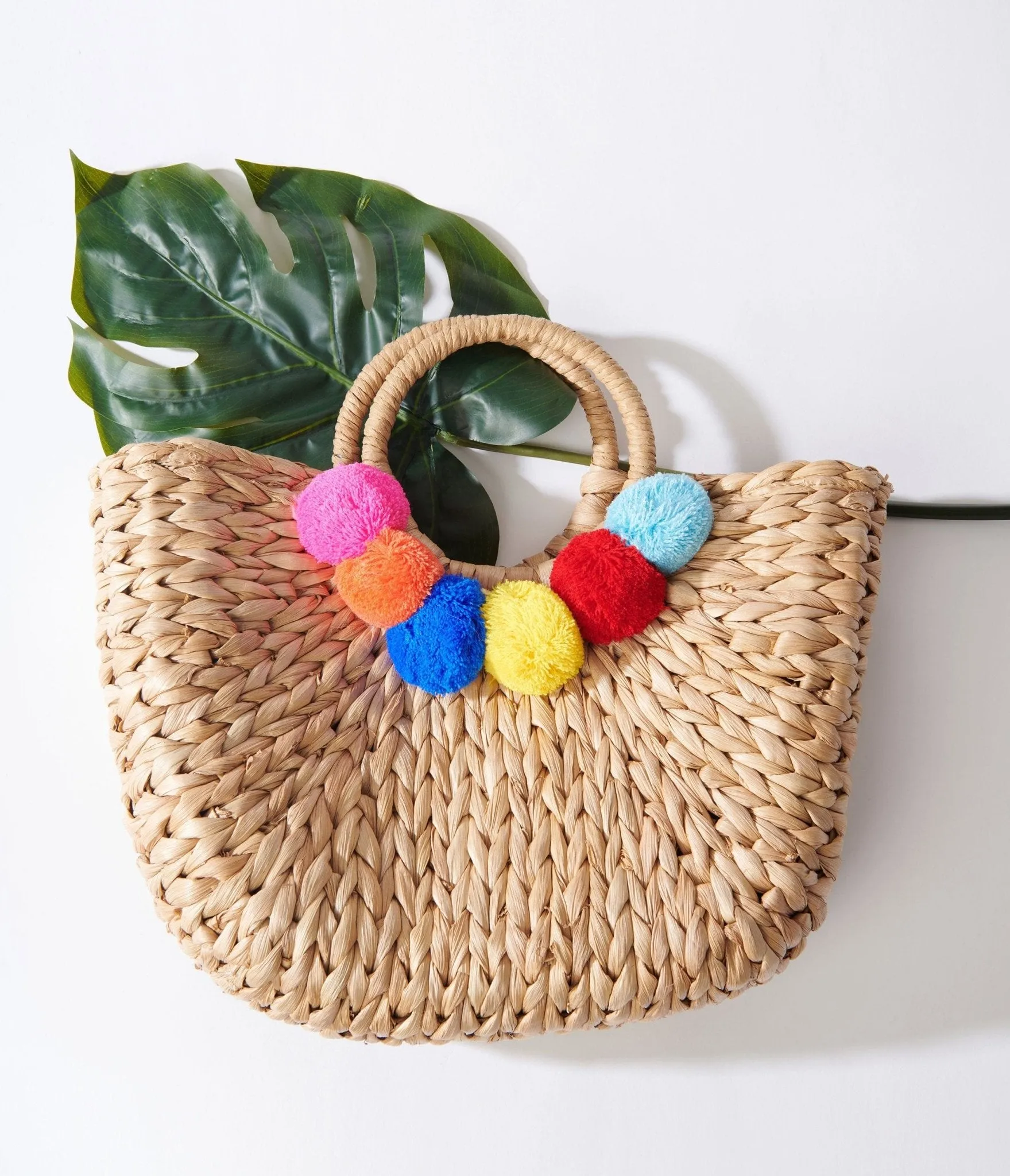 Tan Pom Pom Woven Bag