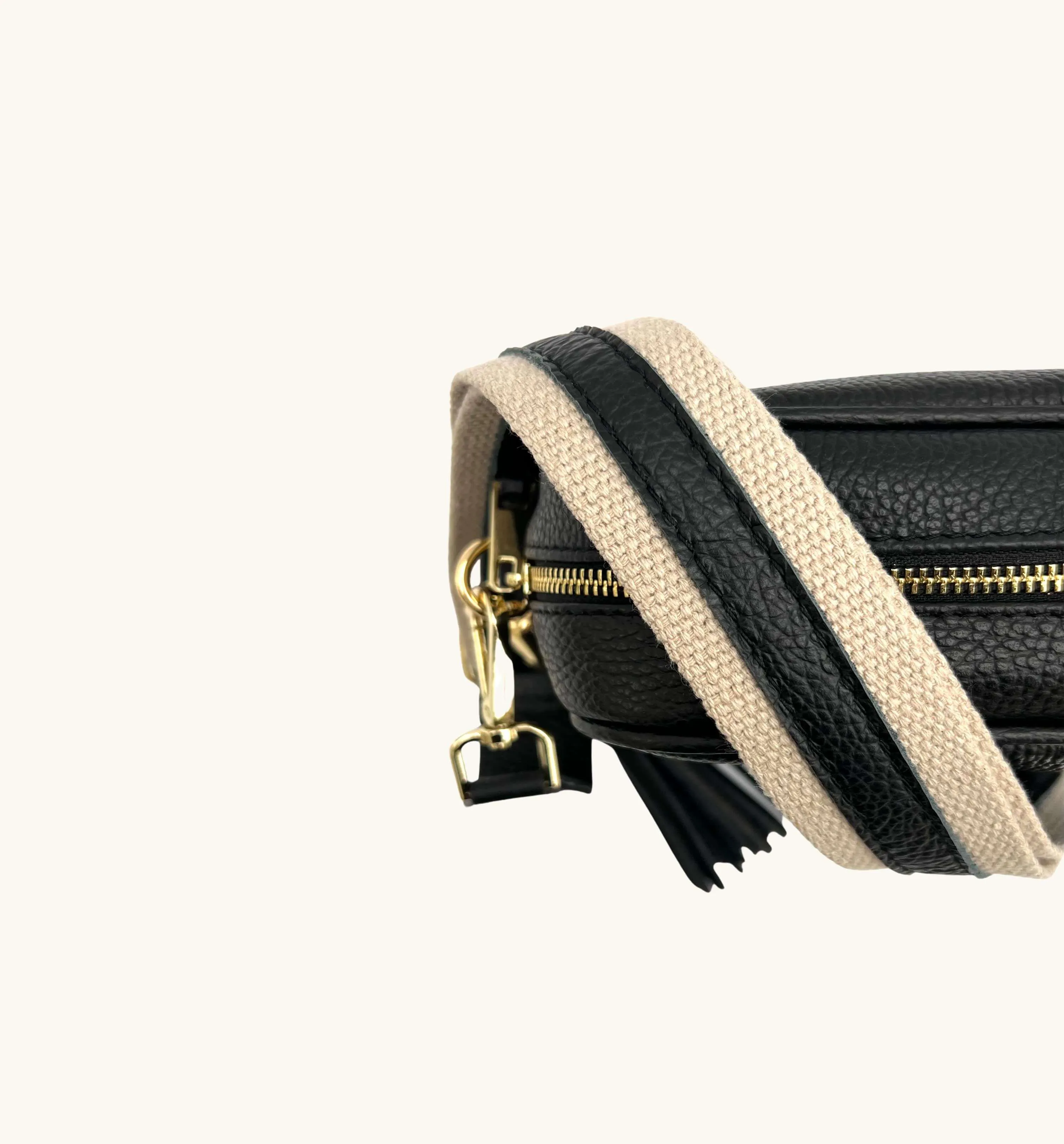 The Tassel Black Leather Crossbody Bag With Leather & Canvas Strap