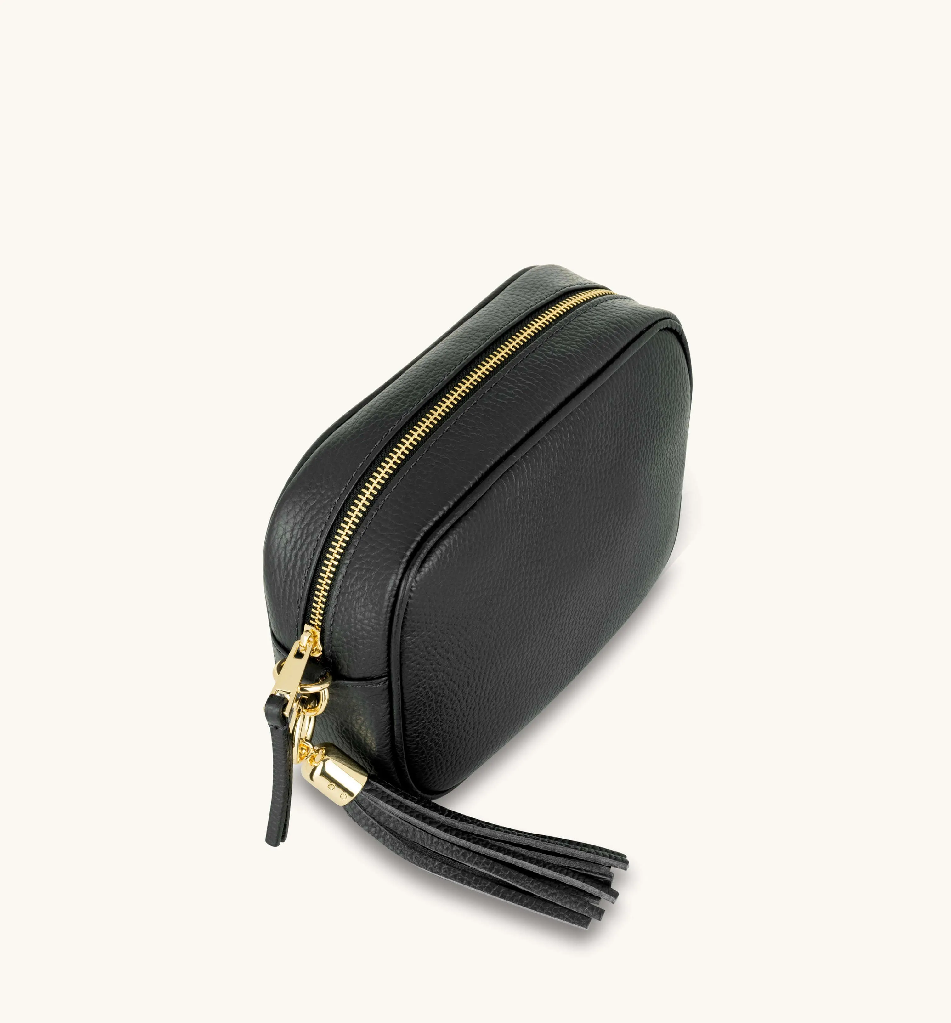 The Tassel Black Leather Crossbody Bag With Leather & Canvas Strap