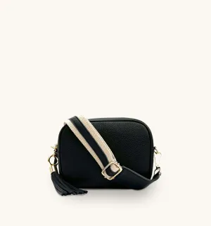 The Tassel Black Leather Crossbody Bag With Leather & Canvas Strap