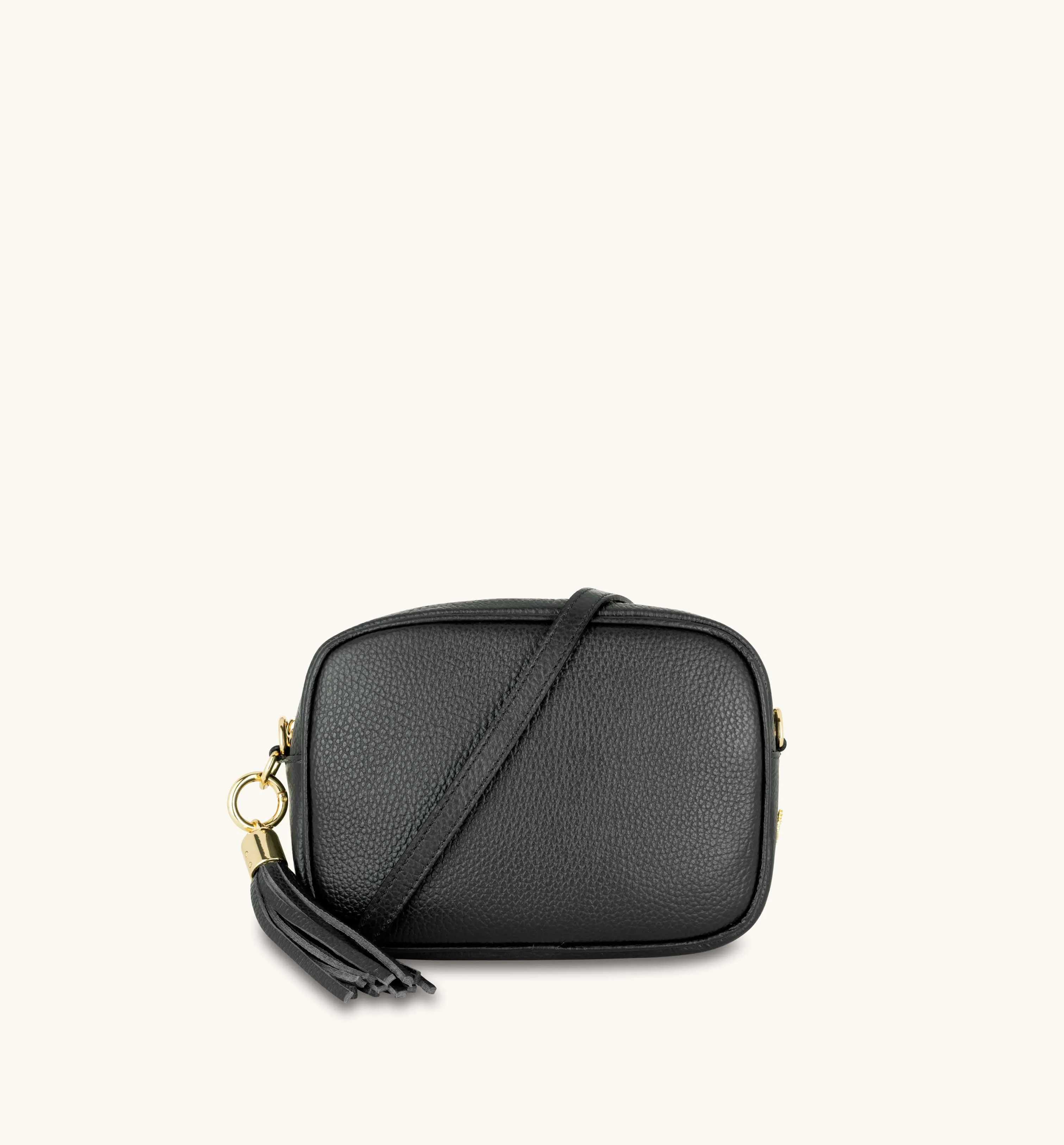 The Tassel Black Leather Crossbody Bag With Leather & Canvas Strap