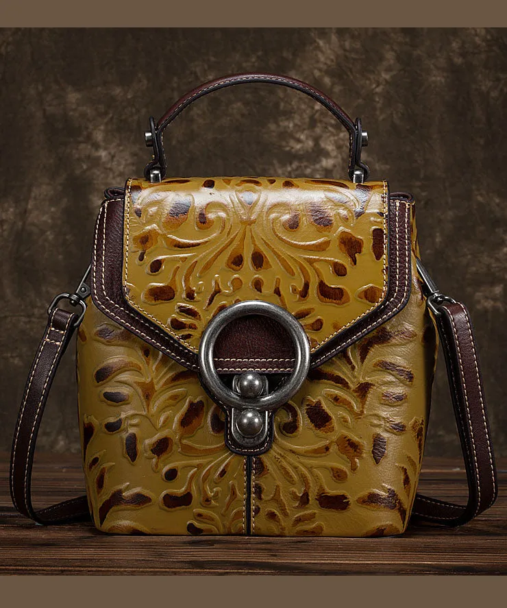 Unique Yellow Embossing Paitings Calf Leather Backpack Bag