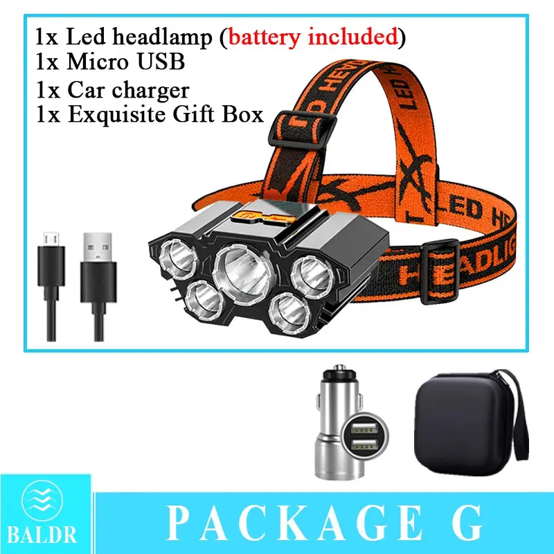 USB Rechargeable Led Five-Head Headlamp Super Bright 18650 Built-in Battery Headlight Portable Head Flashlight Fishing Lantern