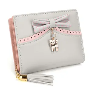 UTO Wallet for Girls PU Leather Cat Pendant Tassel Zipper Card Holder Organizer Women Small Cute Coin Purse Ace Grey